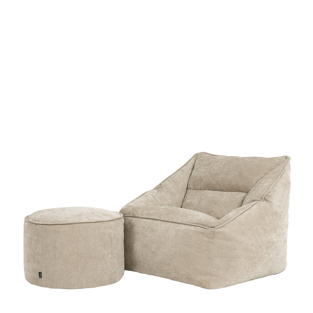 Bean Bag Bazaar Natalia Armchair Bean Bag and Round Footstool Beige/Chenille Large